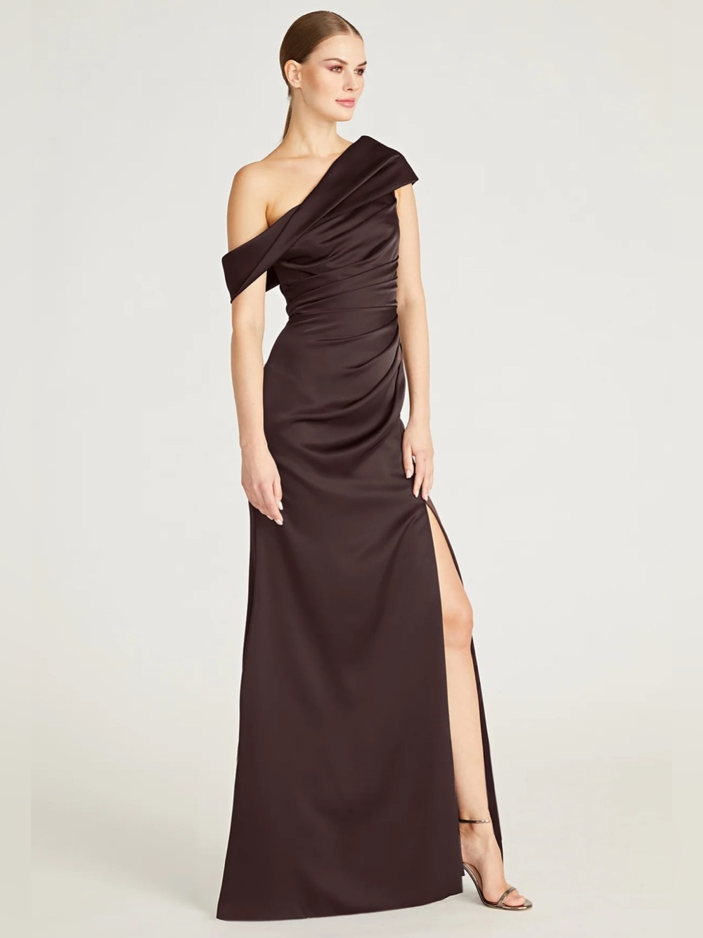 THEIA Celia One Shoulder Draped Gown in Chocolate Brown - Picture 3 of 10
